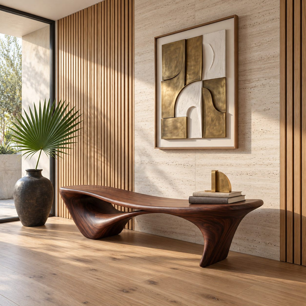 Flared Leg Organic Sculptural Bench, Modern Solid Wood Entryway and Bedroom Bench with Hollow Arch