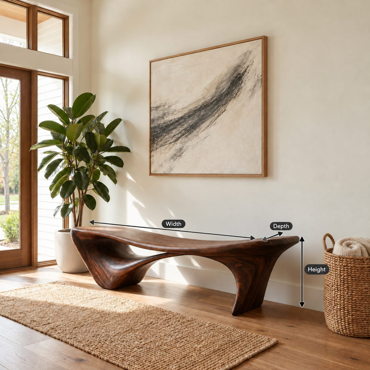 Flared Leg Organic Sculptural Bench, Modern Solid Wood Entryway and Bedroom Bench with Hollow Arch