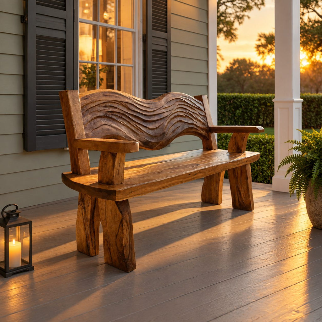 Rippled Crest Backrest Bench, Rustic Solid Wood Garden and Entryway Bench with Carved Wave Back