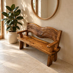 Rippled Crest Backrest Bench, Rustic Solid Wood Garden and Entryway Bench with Carved Wave Back
