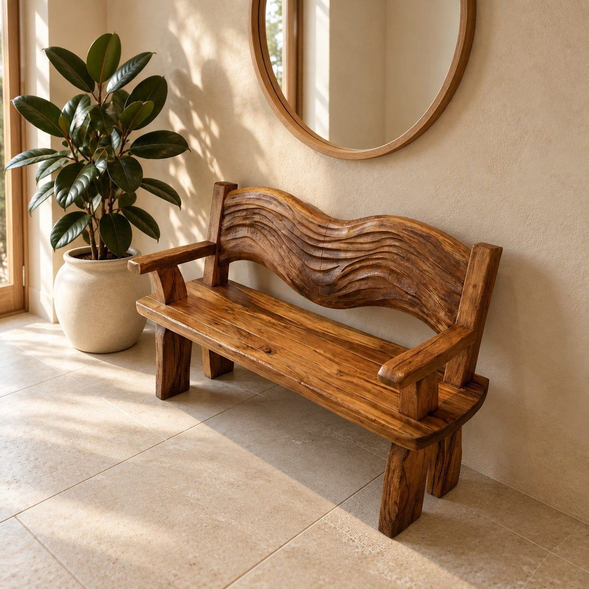 Rippled Crest Backrest Bench, Rustic Solid Wood Garden and Entryway Bench with Carved Wave Back