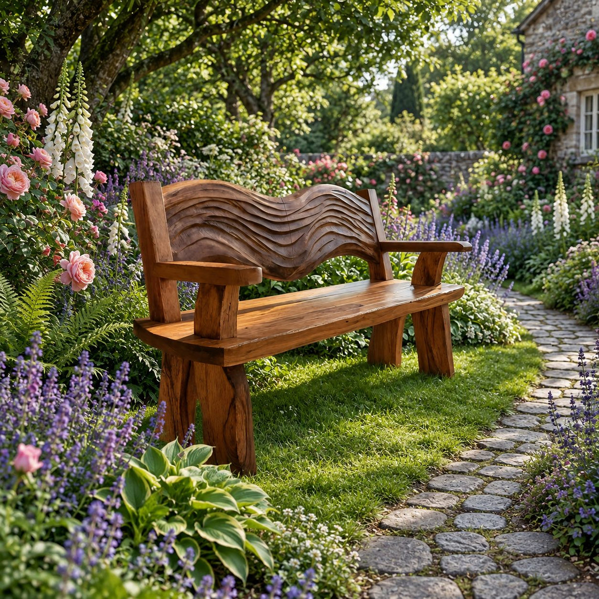 Rippled Crest Backrest Bench, Rustic Solid Wood Garden and Entryway Bench with Carved Wave Back