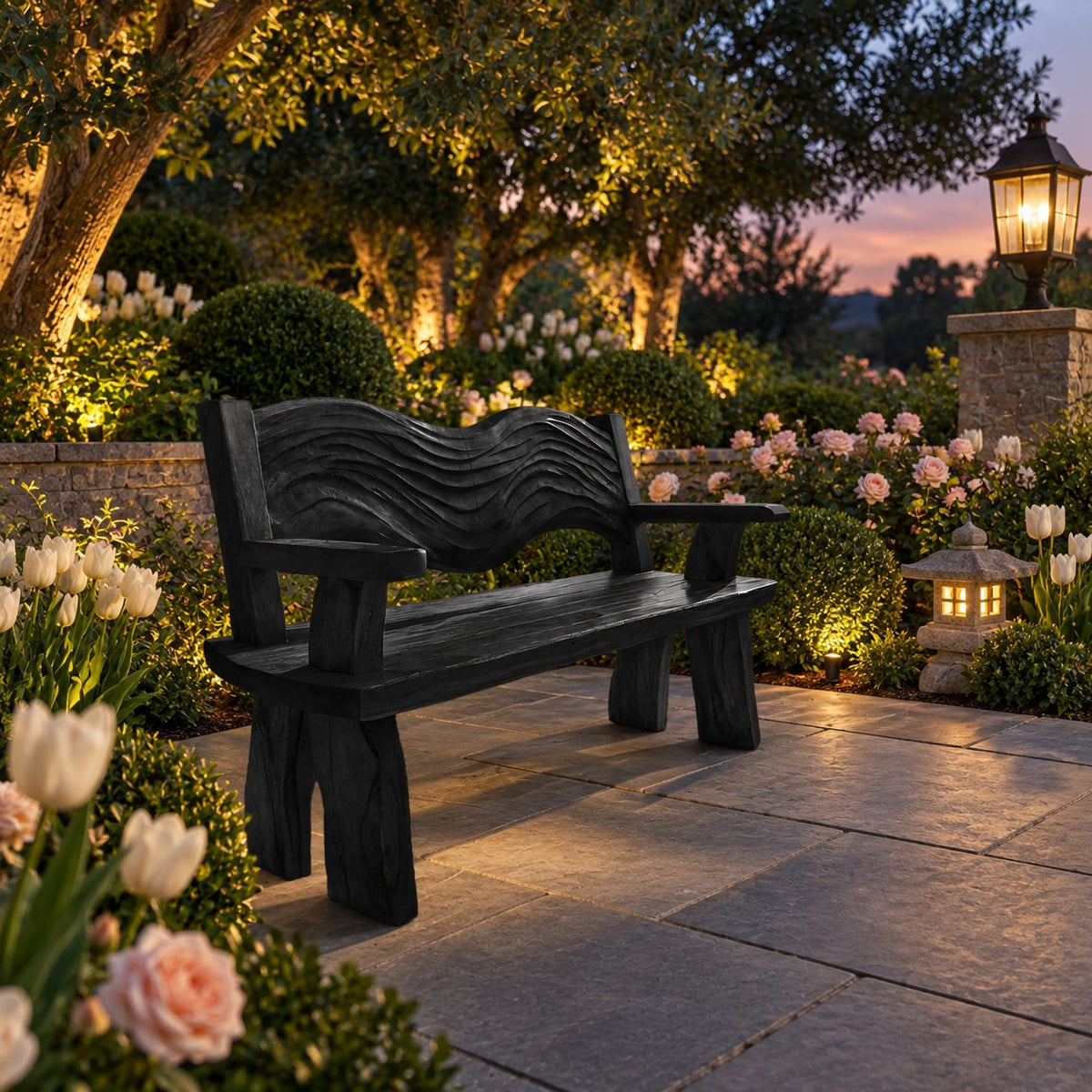 Rippled Crest Backrest Bench, Rustic Solid Wood Garden and Entryway Bench with Carved Wave Back