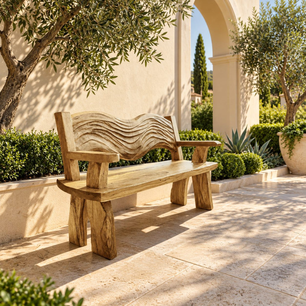 Rippled Crest Backrest Bench, Rustic Solid Wood Garden and Entryway Bench with Carved Wave Back