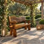 Rippled Crest Backrest Bench, Rustic Solid Wood Garden and Entryway Bench with Carved Wave Back
