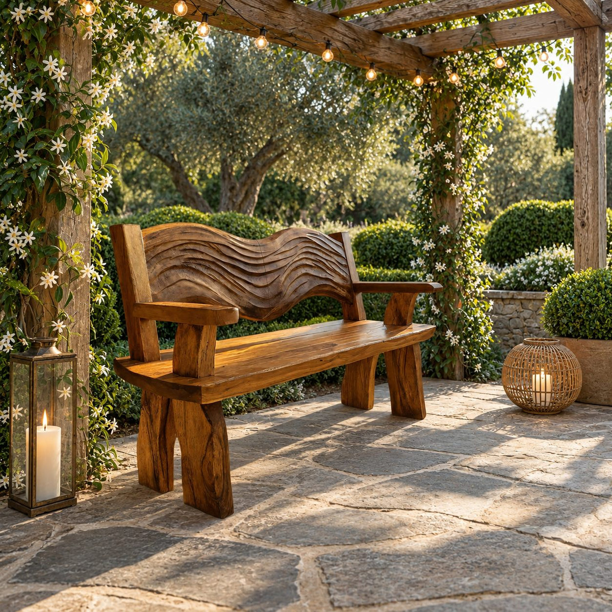 Rippled Crest Backrest Bench, Rustic Solid Wood Garden and Entryway Bench with Carved Wave Back