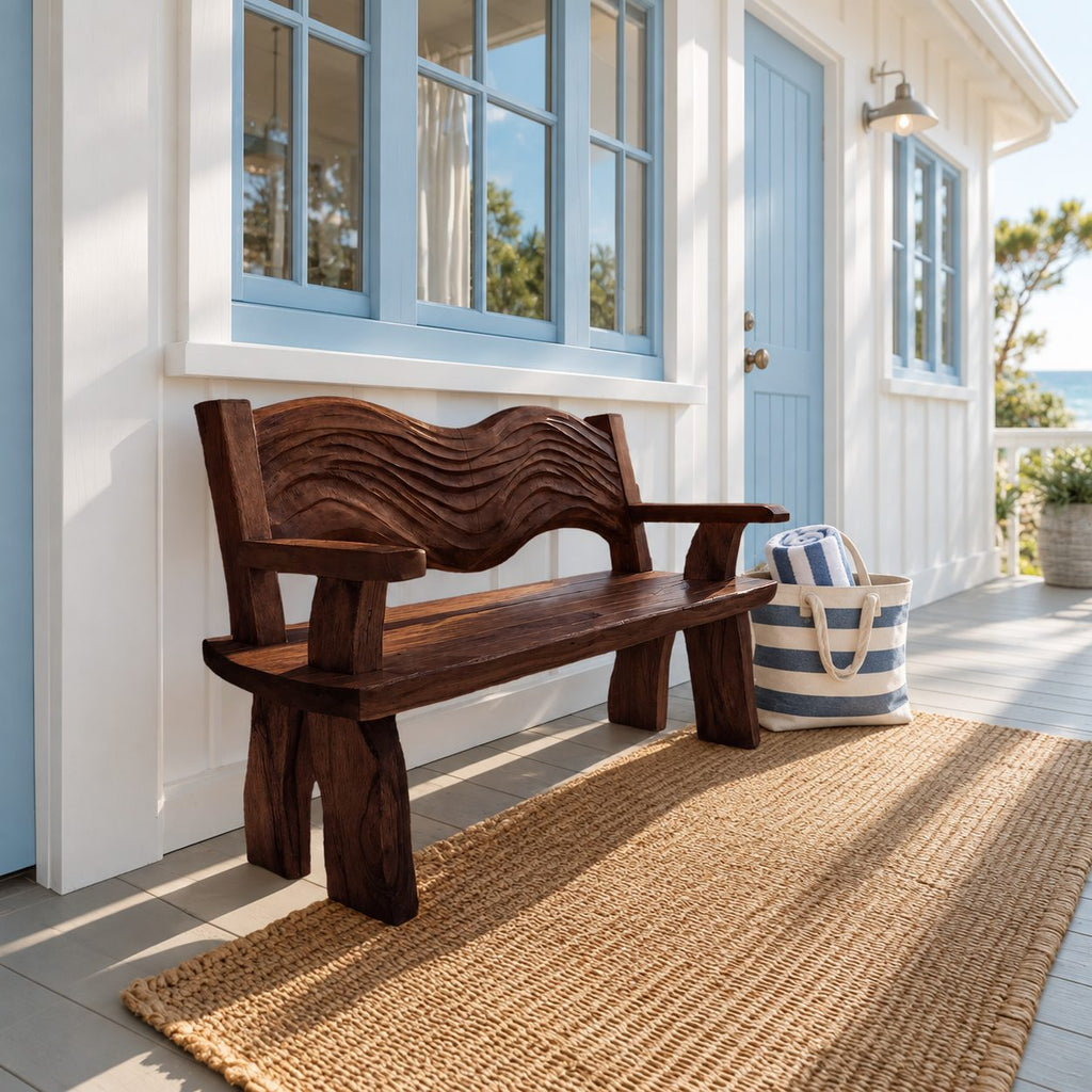 Rippled Crest Backrest Bench, Rustic Solid Wood Garden and Entryway Bench with Carved Wave Back