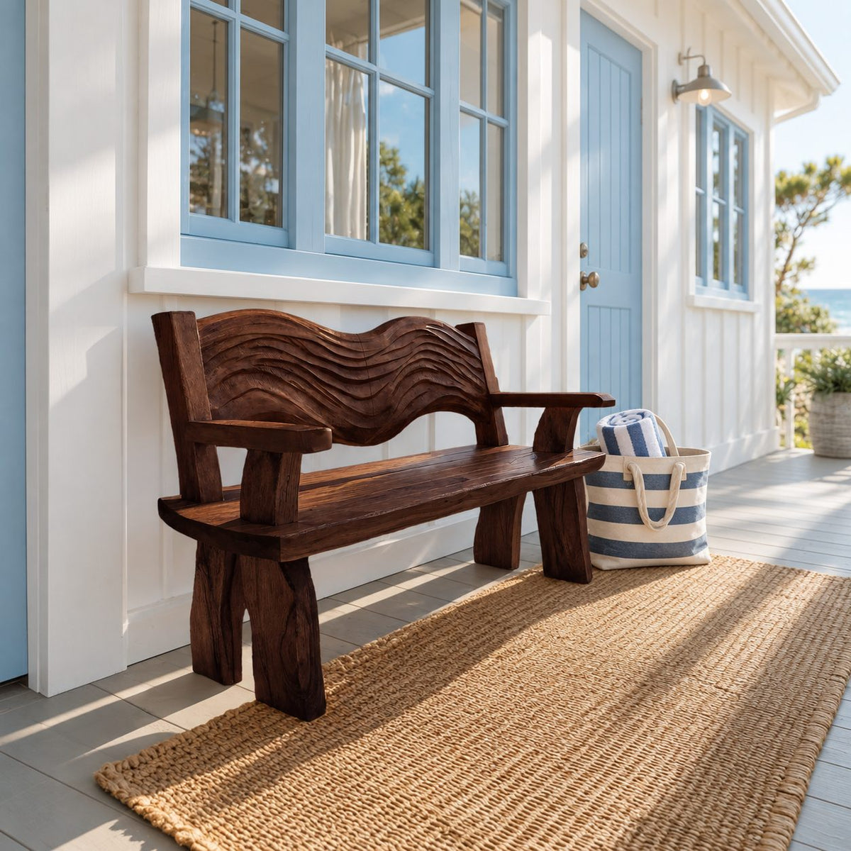 Rippled Crest Backrest Bench, Rustic Solid Wood Garden and Entryway Bench with Carved Wave Back