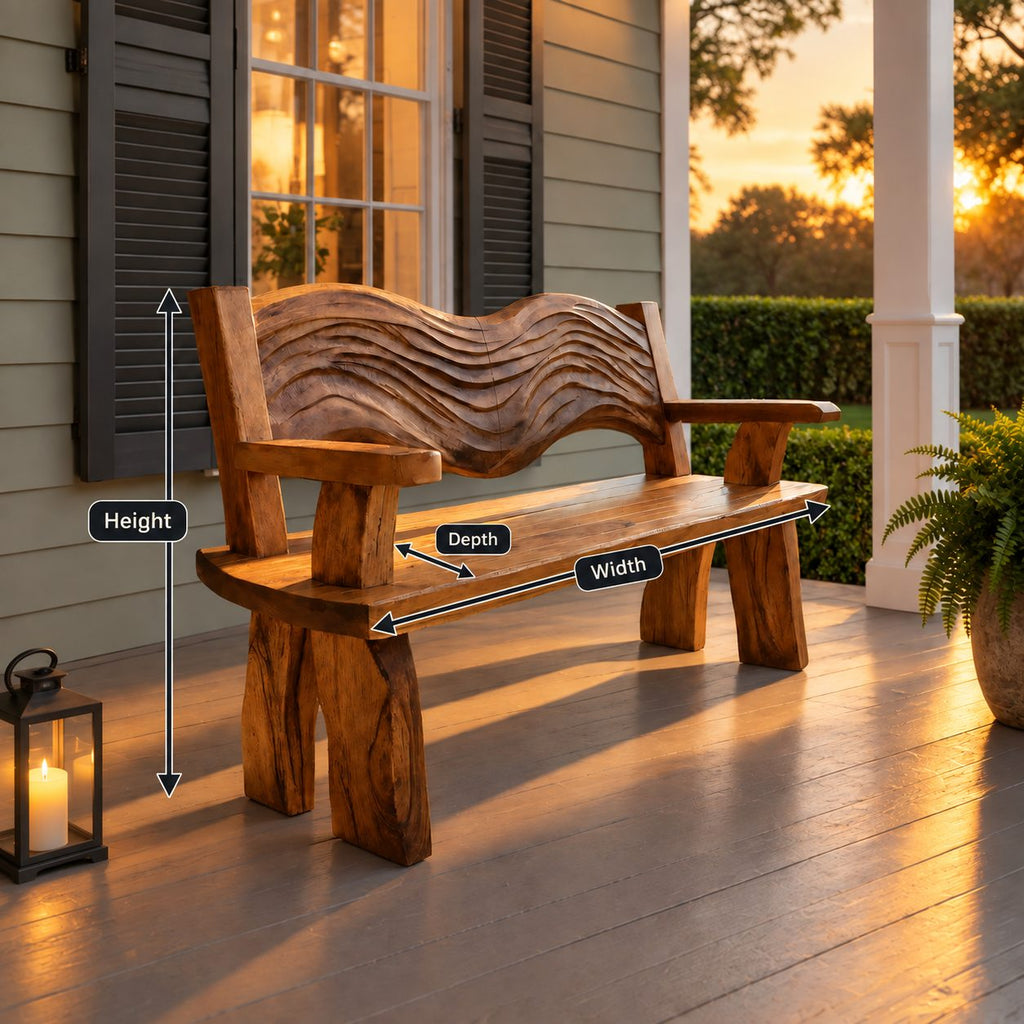 Rippled Crest Backrest Bench, Rustic Solid Wood Garden and Entryway Bench with Carved Wave Back