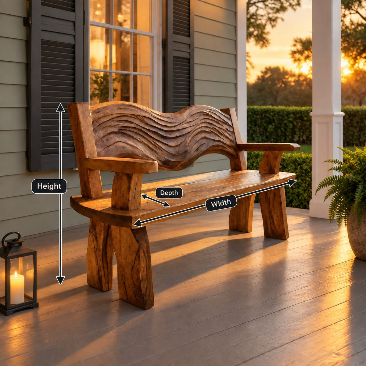 Rippled Crest Backrest Bench, Rustic Solid Wood Garden and Entryway Bench with Carved Wave Back
