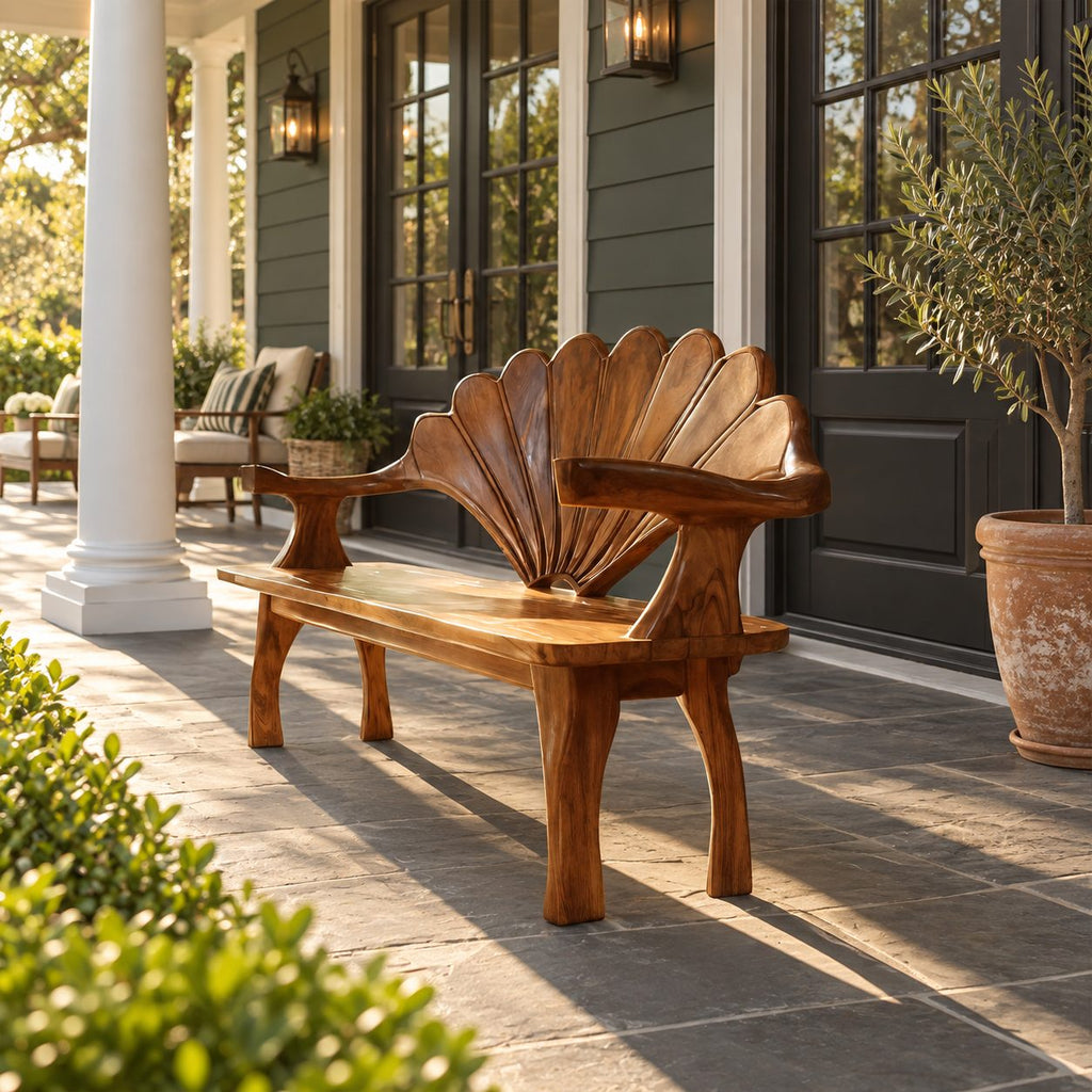 Scallop Shell Back Bench with Branch Arms, Carved Solid Wood Entryway and Hallway Bench