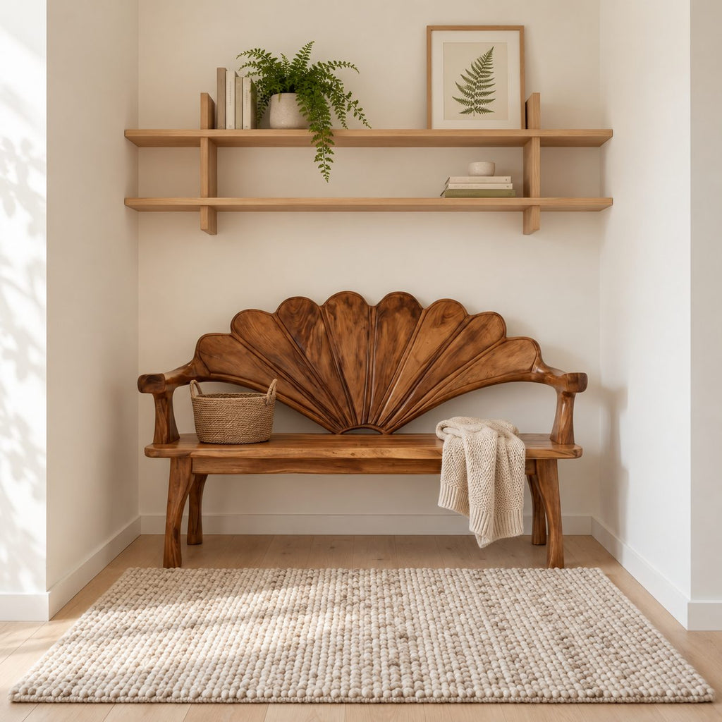 Scallop Shell Back Bench with Branch Arms, Carved Solid Wood Entryway and Hallway Bench