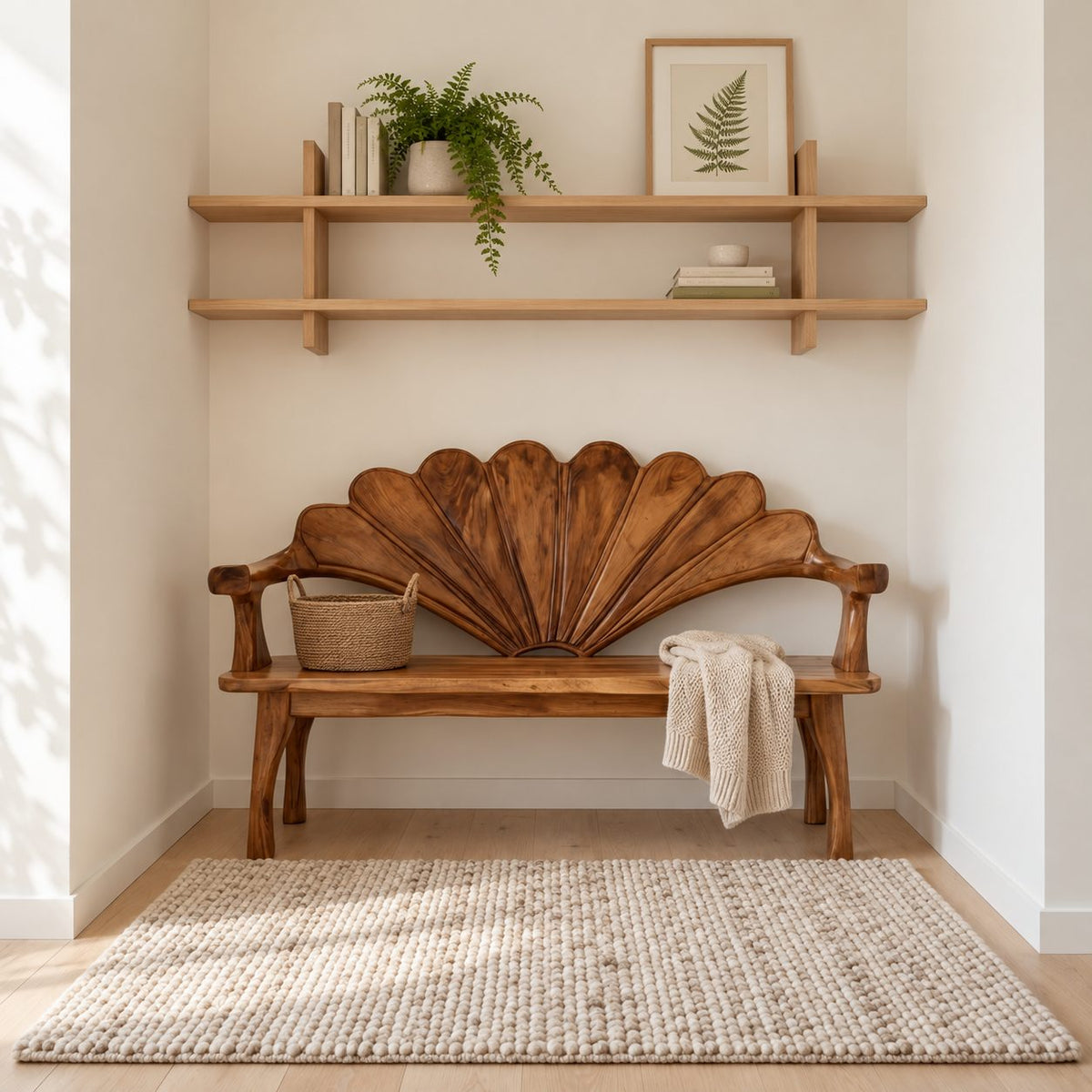 Scallop Shell Back Bench with Branch Arms, Carved Solid Wood Entryway and Hallway Bench