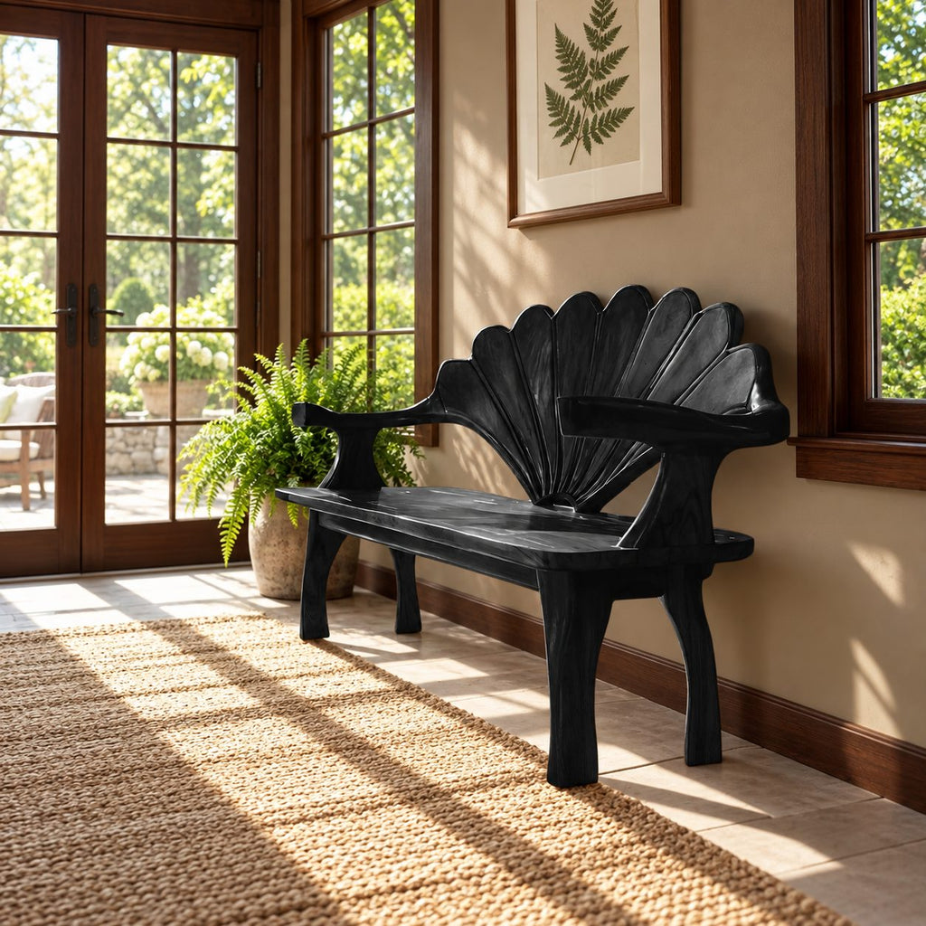 Scallop Shell Back Bench with Branch Arms, Carved Solid Wood Entryway and Hallway Bench