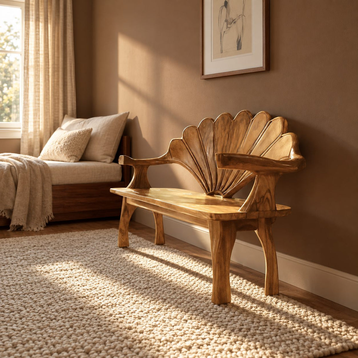 Scallop Shell Back Bench with Branch Arms, Carved Solid Wood Entryway and Hallway Bench