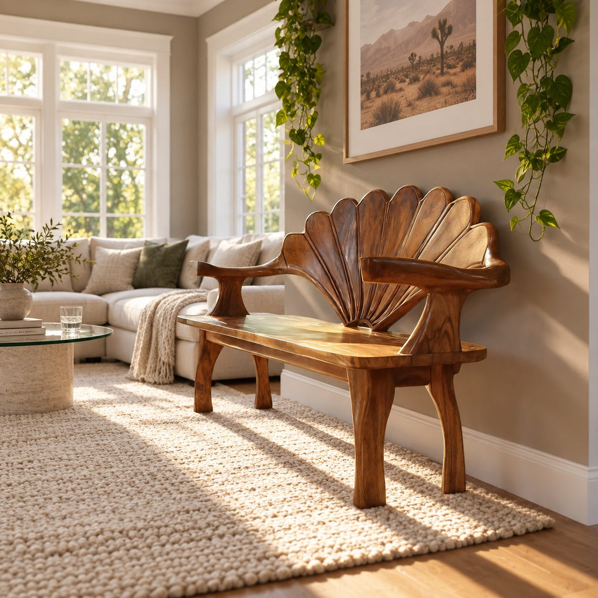 Scallop Shell Back Bench with Branch Arms, Carved Solid Wood Entryway and Hallway Bench