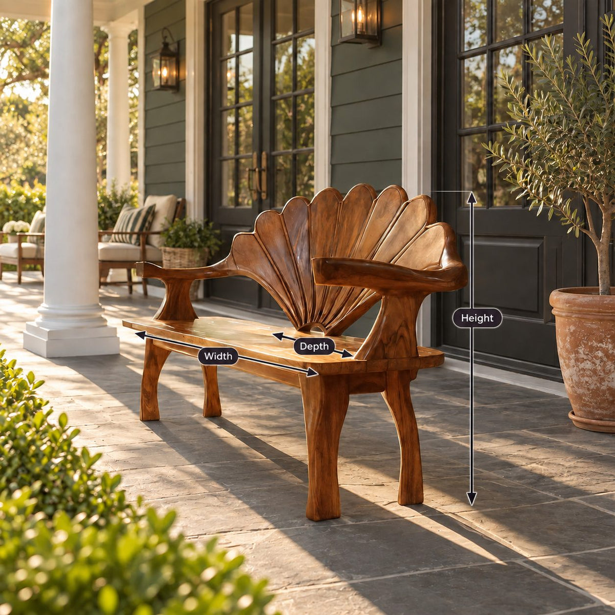 Scallop Shell Back Bench with Branch Arms, Carved Solid Wood Entryway and Hallway Bench