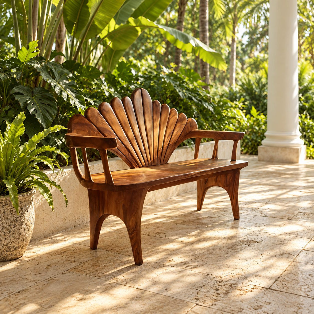 Seashell Fan Back Spindle Arm Bench, Carved Solid Wood Coastal Entryway and Porch Bench