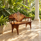 Seashell Fan Back Spindle Arm Bench, Carved Solid Wood Coastal Entryway and Porch Bench