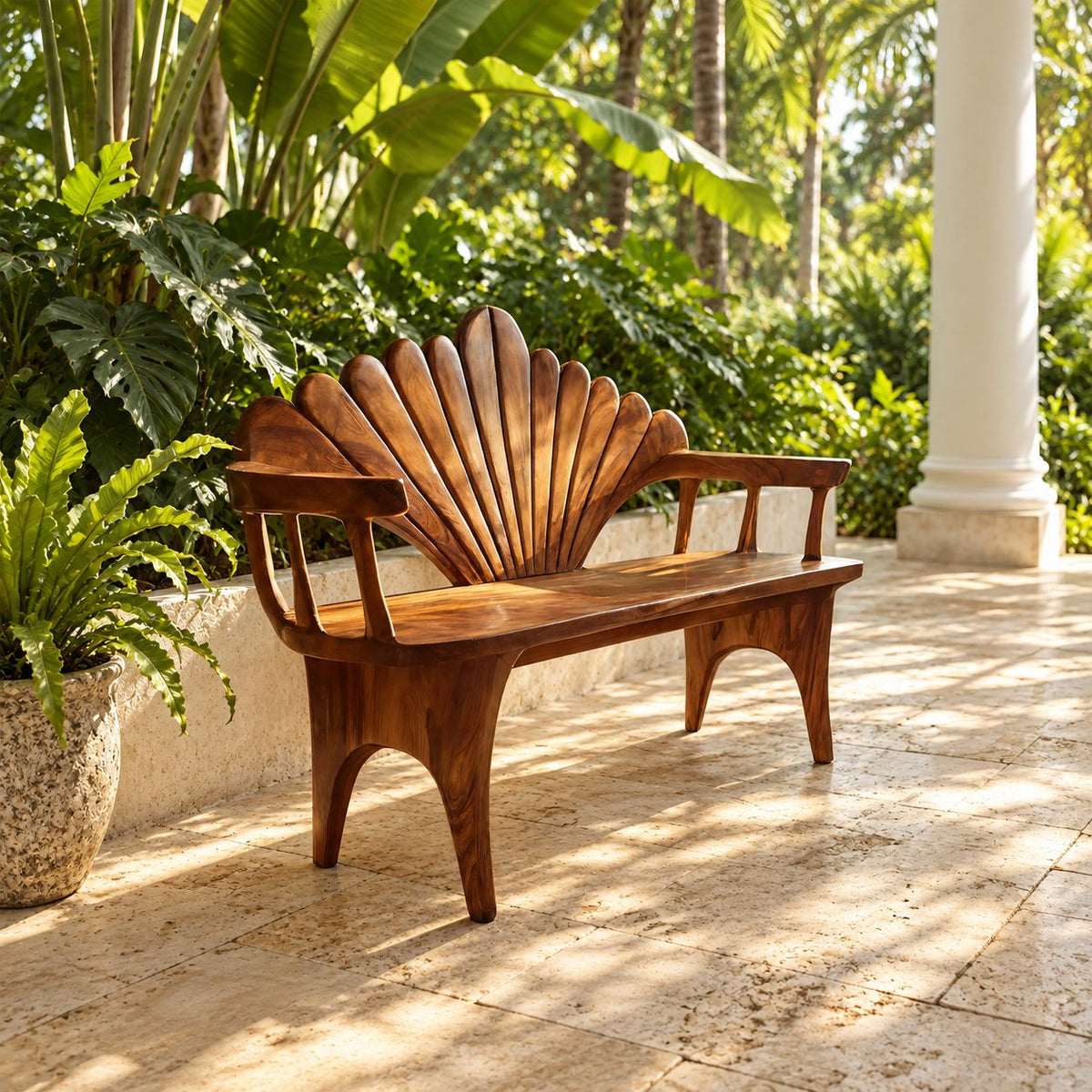 Seashell Fan Back Spindle Arm Bench, Carved Solid Wood Coastal Entryway and Porch Bench