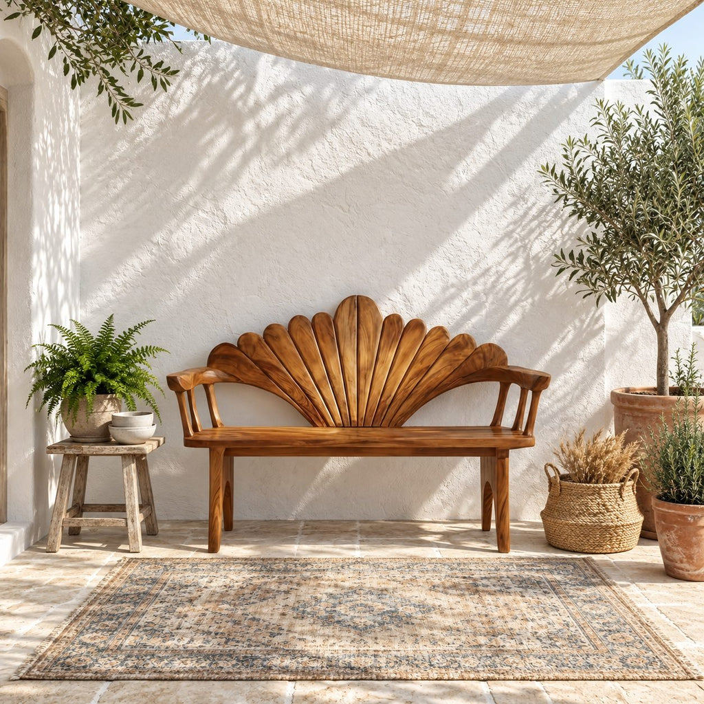 Seashell Fan Back Spindle Arm Bench, Carved Solid Wood Coastal Entryway and Porch Bench