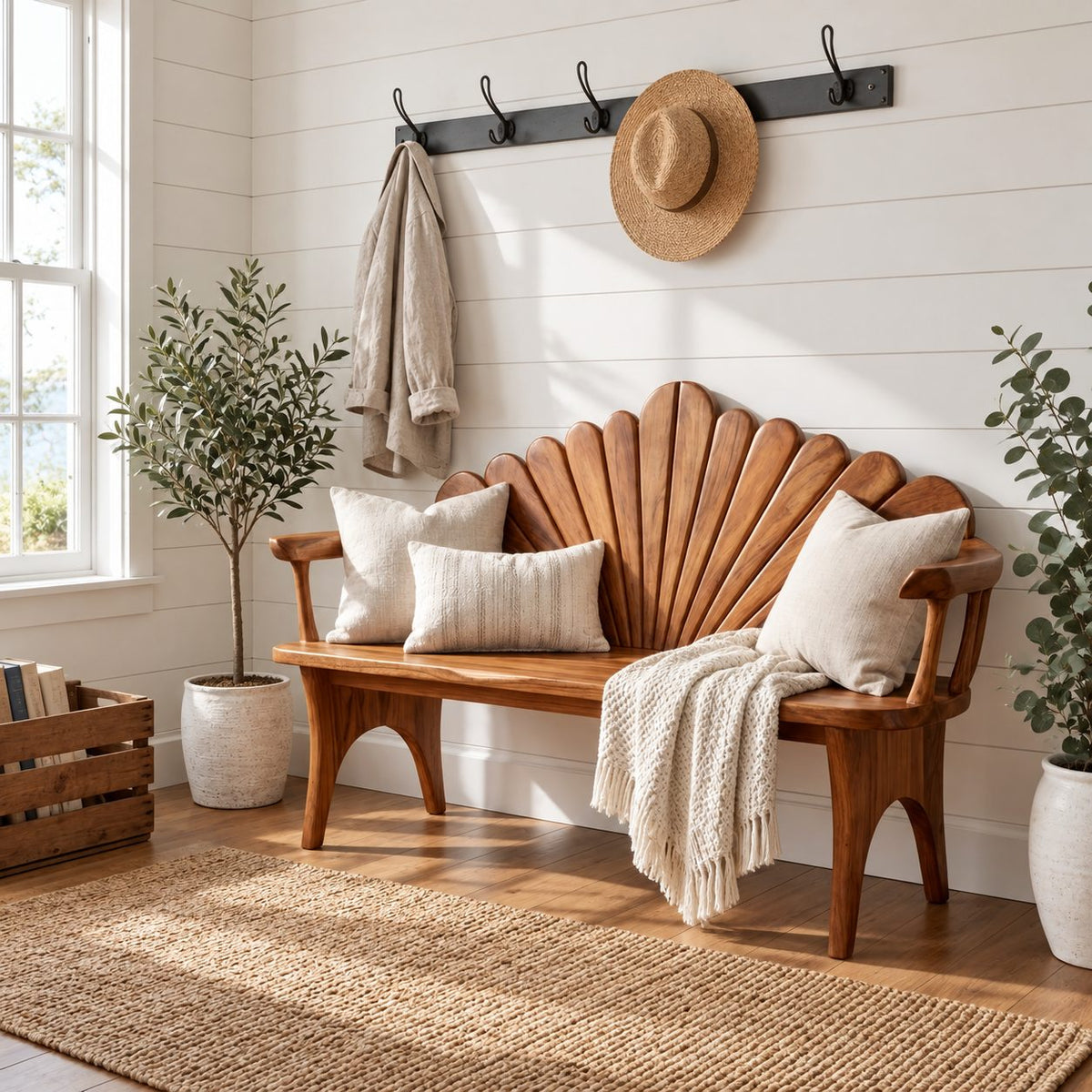 Seashell Fan Back Spindle Arm Bench, Carved Solid Wood Coastal Entryway and Porch Bench