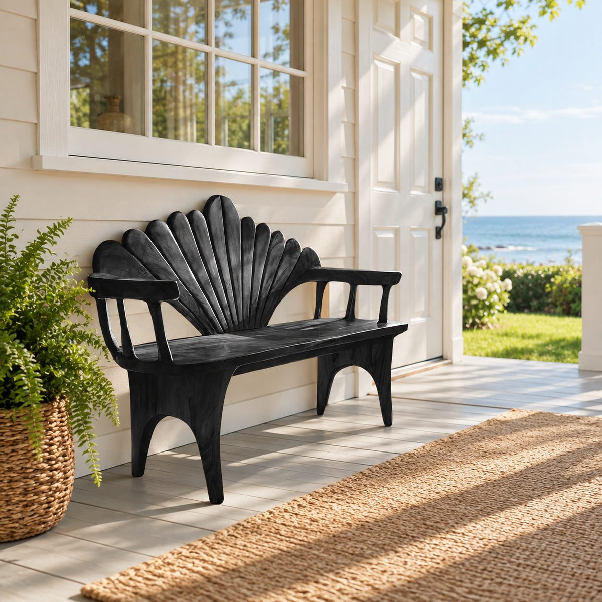 Seashell Fan Back Spindle Arm Bench, Carved Solid Wood Coastal Entryway and Porch Bench