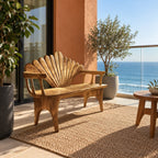 Seashell Fan Back Spindle Arm Bench, Carved Solid Wood Coastal Entryway and Porch Bench