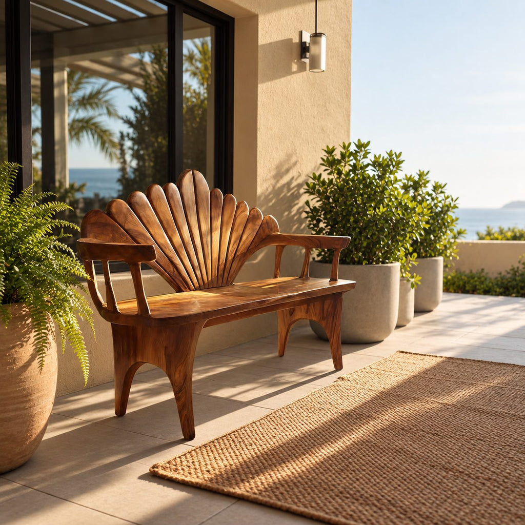 Seashell Fan Back Spindle Arm Bench, Carved Solid Wood Coastal Entryway and Porch Bench
