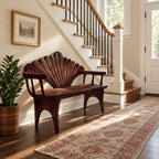 Seashell Fan Back Spindle Arm Bench, Carved Solid Wood Coastal Entryway and Porch Bench