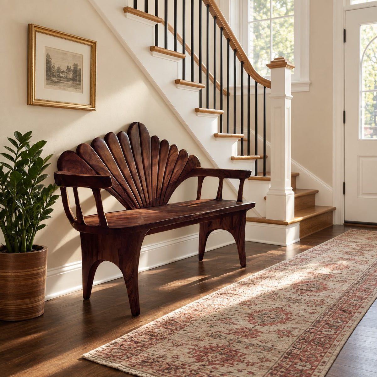 Seashell Fan Back Spindle Arm Bench, Carved Solid Wood Coastal Entryway and Porch Bench