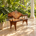 Seashell Fan Back Spindle Arm Bench, Carved Solid Wood Coastal Entryway and Porch Bench