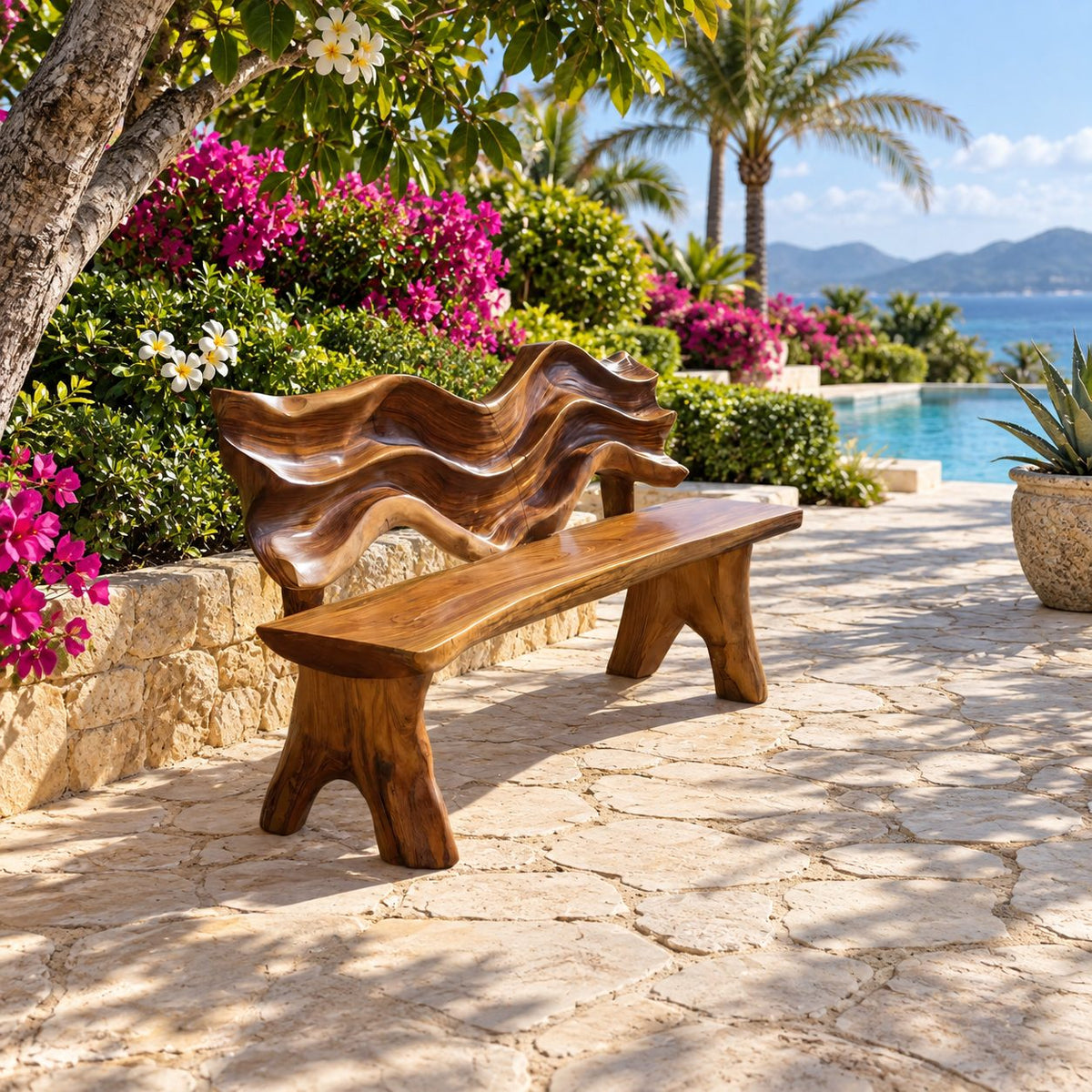 Carved Wave Sculpture Backrest Bench, Rustic Live Edge Solid Wood Bench for Porch or Mudroom