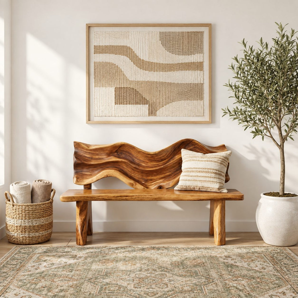 Carved Wave Sculpture Backrest Bench, Rustic Live Edge Solid Wood Bench for Porch or Mudroom