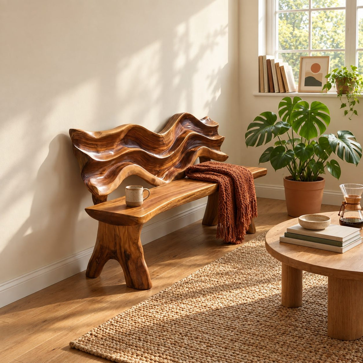 Carved Wave Sculpture Backrest Bench, Rustic Live Edge Solid Wood Bench for Porch or Mudroom