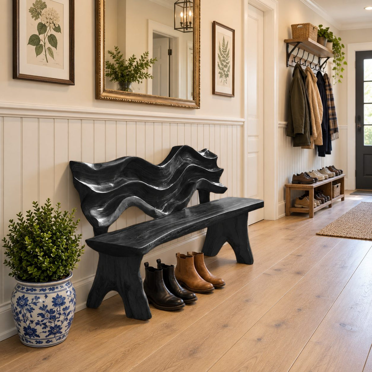 Carved Wave Sculpture Backrest Bench, Rustic Live Edge Solid Wood Bench for Porch or Mudroom