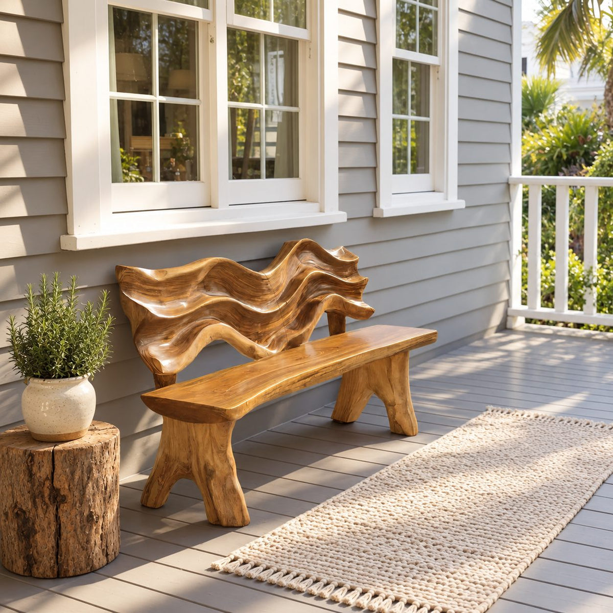Carved Wave Sculpture Backrest Bench, Rustic Live Edge Solid Wood Bench for Porch or Mudroom