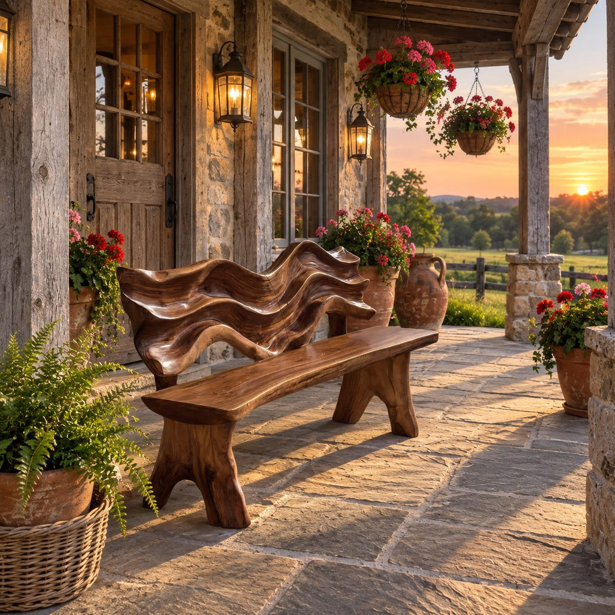 Carved Wave Sculpture Backrest Bench, Rustic Live Edge Solid Wood Bench for Porch or Mudroom