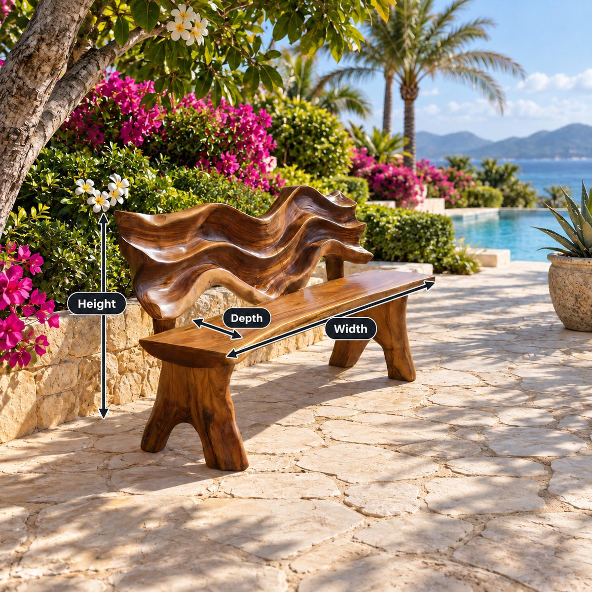 Carved Wave Sculpture Backrest Bench, Rustic Live Edge Solid Wood Bench for Porch or Mudroom