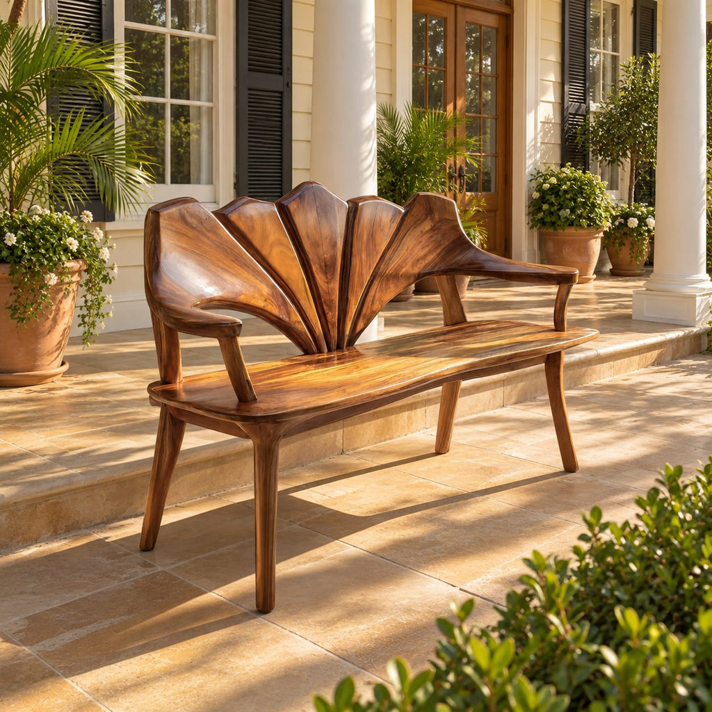 Wide Petal Fan Back Bench, Carved Solid Wood Porch and Foyer Bench with Open Arms and Tapered Legs