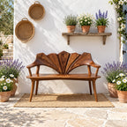 Wide Petal Fan Back Bench, Carved Solid Wood Porch and Foyer Bench with Open Arms and Tapered Legs