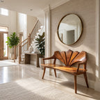 Wide Petal Fan Back Bench, Carved Solid Wood Porch and Foyer Bench with Open Arms and Tapered Legs