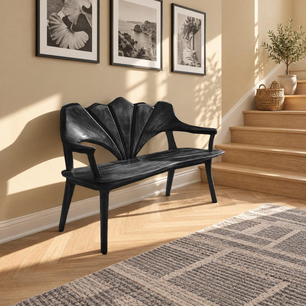 Wide Petal Fan Back Bench, Carved Solid Wood Porch and Foyer Bench with Open Arms and Tapered Legs