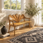 Wide Petal Fan Back Bench, Carved Solid Wood Porch and Foyer Bench with Open Arms and Tapered Legs