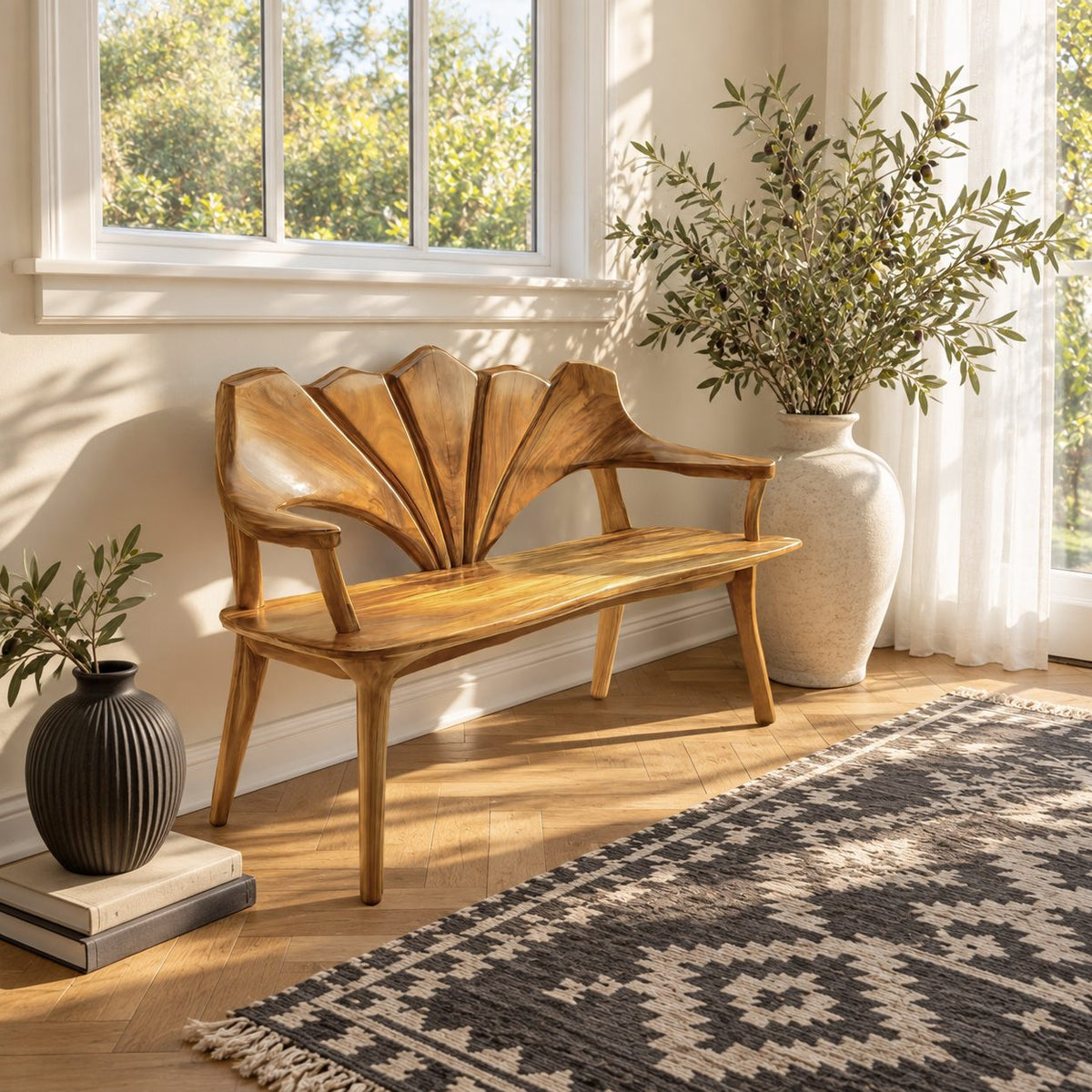 Wide Petal Fan Back Bench, Carved Solid Wood Porch and Foyer Bench with Open Arms and Tapered Legs