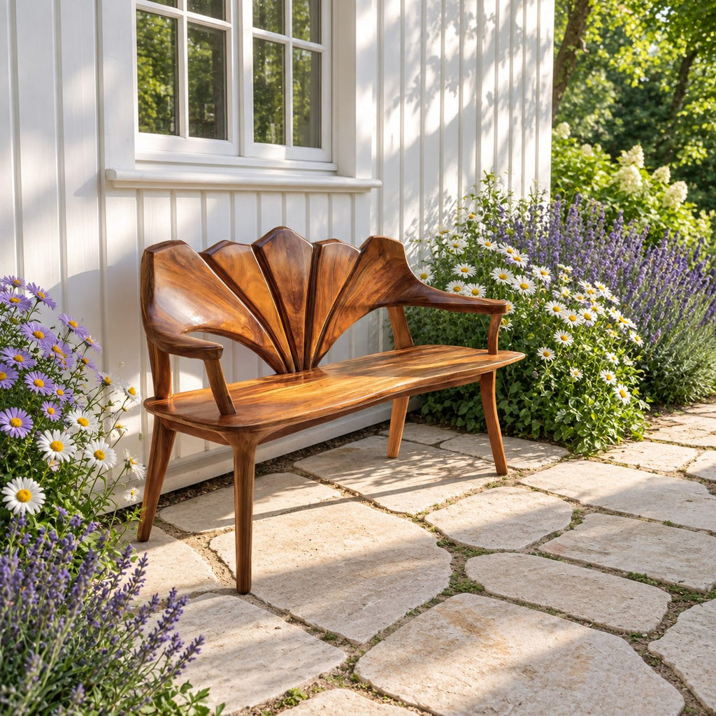 Wide Petal Fan Back Bench, Carved Solid Wood Porch and Foyer Bench with Open Arms and Tapered Legs