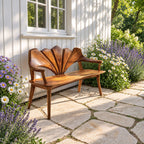 Wide Petal Fan Back Bench, Carved Solid Wood Porch and Foyer Bench with Open Arms and Tapered Legs