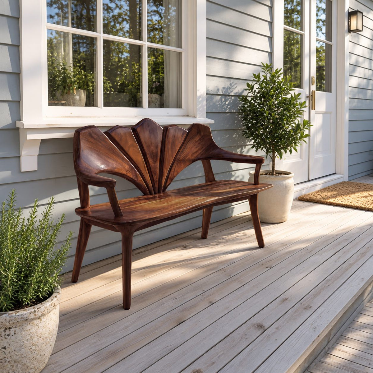 Wide Petal Fan Back Bench, Carved Solid Wood Porch and Foyer Bench with Open Arms and Tapered Legs