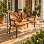 Wide Petal Fan Back Bench, Carved Solid Wood Porch and Foyer Bench with Open Arms and Tapered Legs