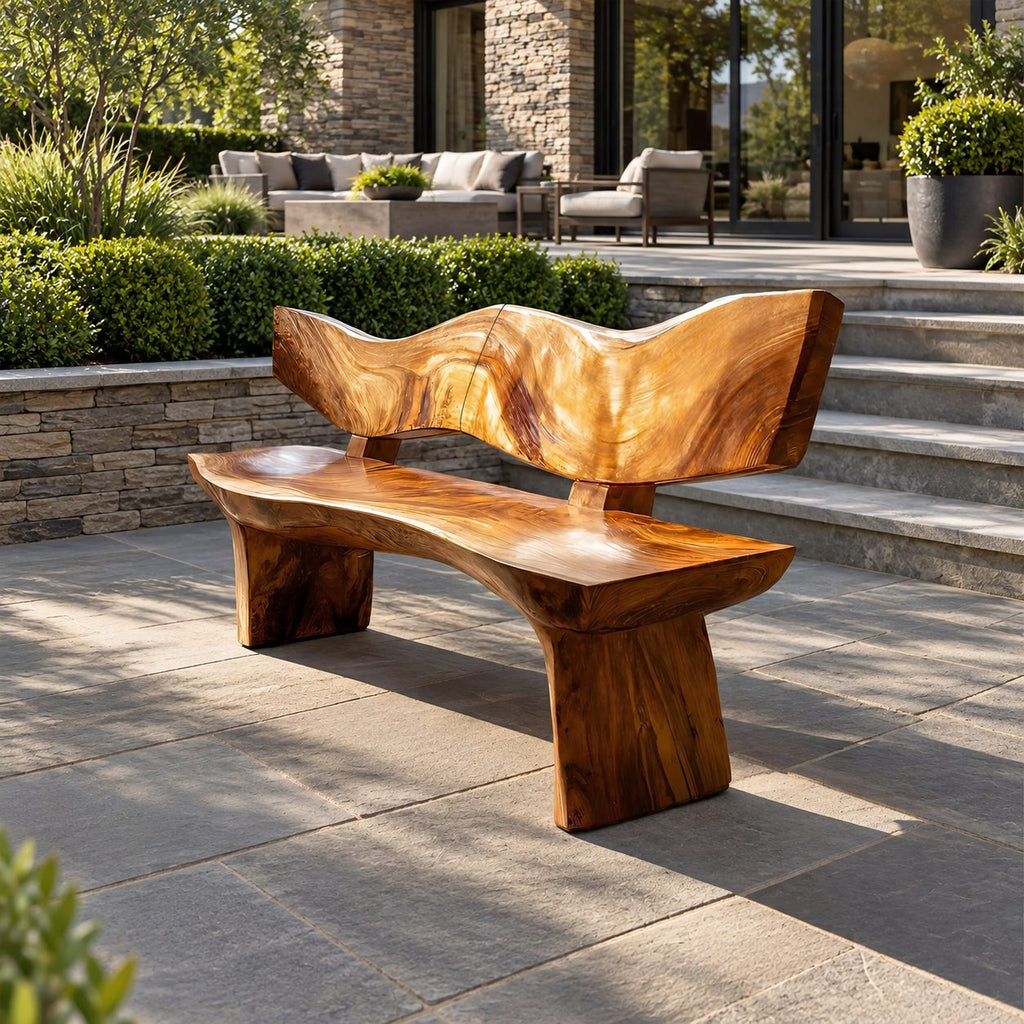 Wave Cut Slab Backrest Bench, Natural Live Edge Solid Wood Entryway Bench on Thick Slab Legs